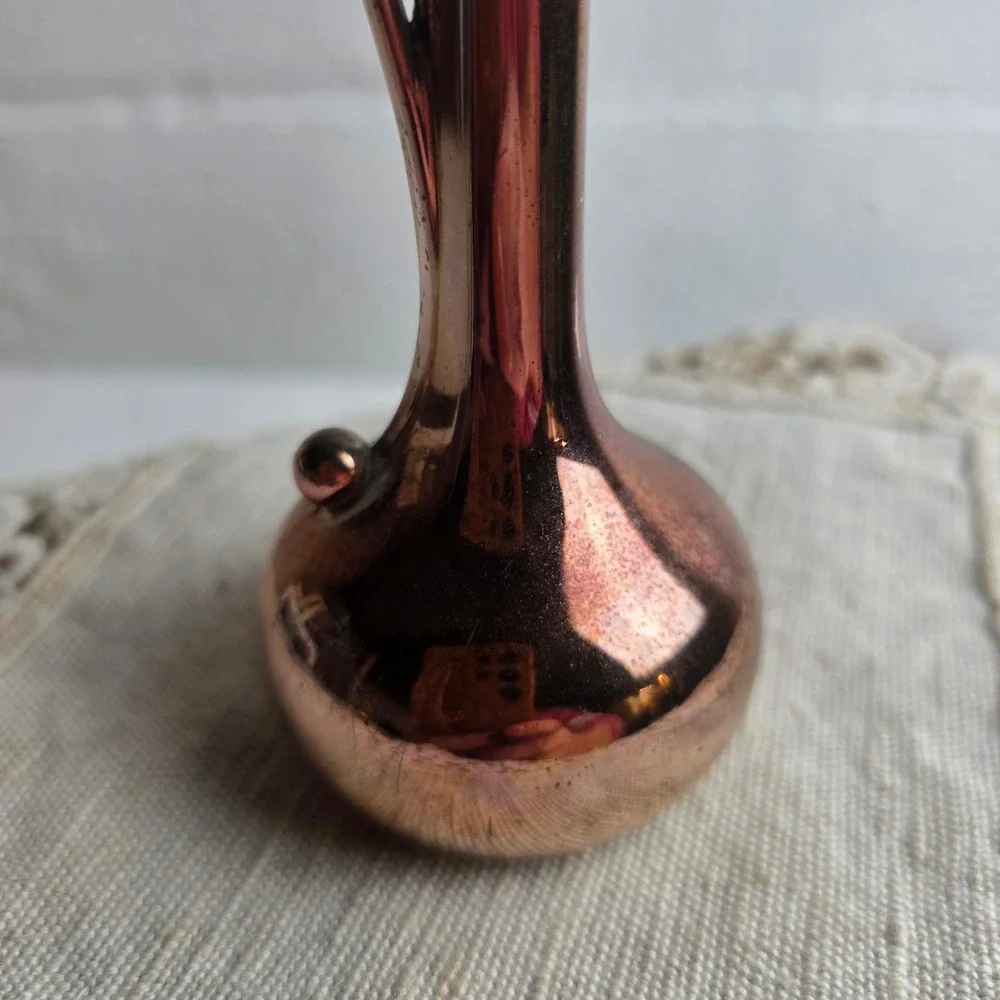 Vintage Copper Color Bud Vase Mid Century Modern Sleek Handle Heavy